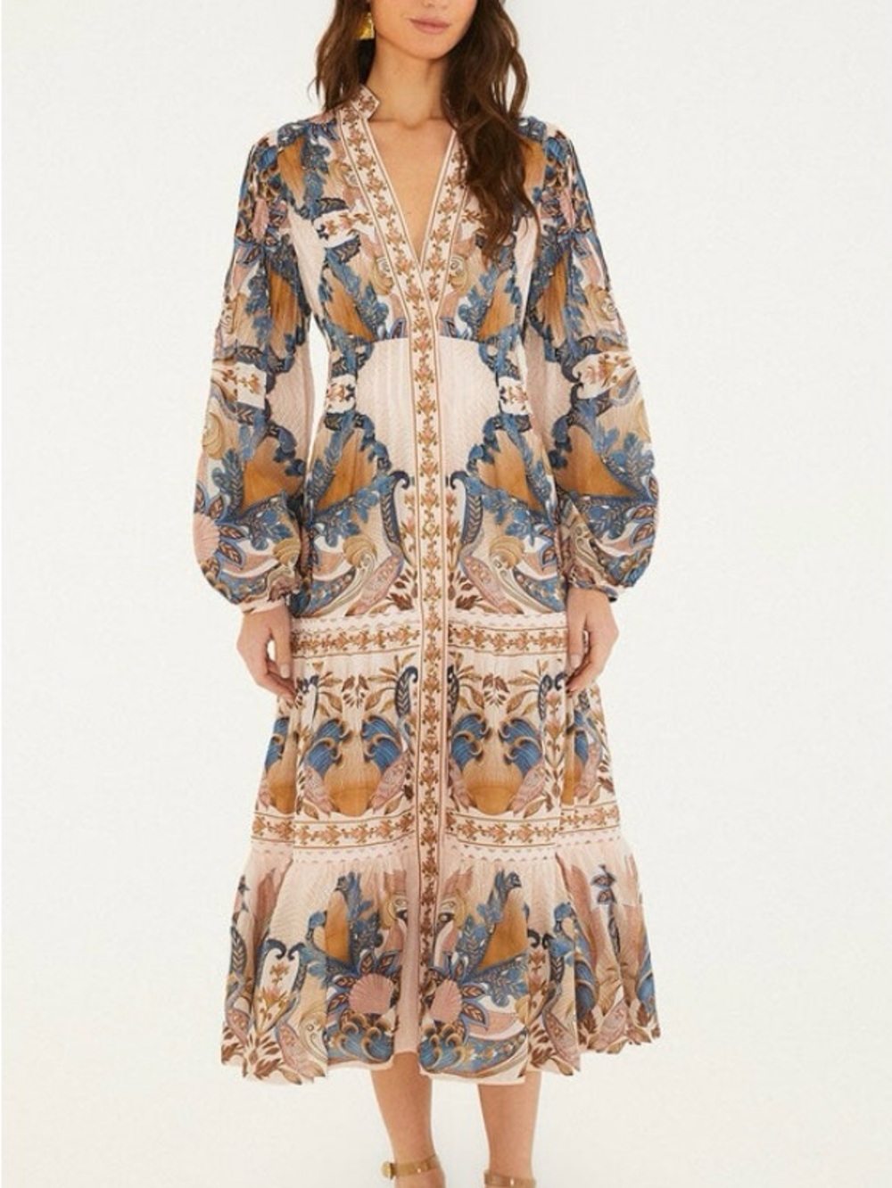 FARM Rio Cream Maxi Dress with Blue and Tan Botanical Print